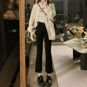 High Waist Flared Jeans Womens Autumn 150 Small Size Heightening Eight Nine Points Slim Fit Horse Hoof Pants Black Cotton Stretch Denim