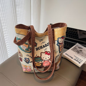 Adorable Hellokitty Cat Canvas Bag Womens Large Capacity Graffiti Kt Cat Handbag Tote Bag Soft Bucket Shape Casual Shoulder Bag