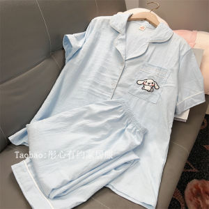 Pure ผ้าฝ้าย Thin ฤดูร้อน ชุดนอนแบบสั้น แขนเสื้อ และ กางเกงขายาว น่ารัก การ์ตูน งานปัก สําหรับนักเรียนหญิงสวมใส่ในบ้าน