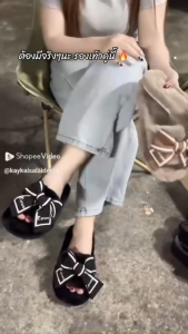 รองเท้าแตะขนปุยโบว์แฟชั่นน่ารักใหม่ รองเท้าแตะขนปุย เวอร์ชั่นเกาหลีใหม่ ขนหนานุ่ม สวมใส่สบาย ระบายอากาศได้ดี (พร้อมส่งจากไทย)