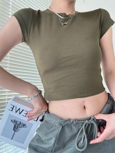 American Style Short Sleeve round Neck Tight Fit T-Shirt Women Summer No Hem Design Casual Slimming Top British Commute Style