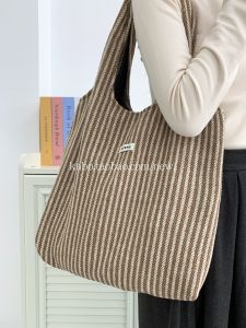 Large Capacity Canvas Tweed Tote Bag Shoulder Bag for Men And Women Simple Casual Style Autumn Winter Bag Striped Design