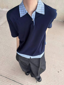 Áo Thun Polo Kẻ Caro Màu Xanh Lam Giả Hai Mảnh Tay Ngắn Mùa Hè Cho Nam Áo Thun Tay Lửng Cổ Polo Thời Trang Thanh Lịch
