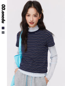 Short Sleeve round Neck Striped T-Shirt ODonedu Street Style Slim Fit Cotton Knitted Summer Top Small Size Shoulder Length
