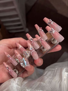 High Sweet Full Diamond New Style French Pink Leopard Print Nail Art Finished Product Detachable Handmade Wearable Nail Tips