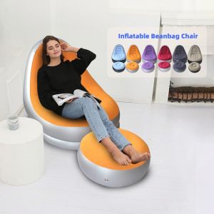6 Colors Inflatable Lazy Sofa with Footstool Portable Beach Lounge Chair Foldable Air Mattress Outdoor Camping Sleeping Pad