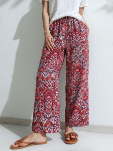 Miccbeirn | Pure Hanflax Retro Print Casual Pants Elastic Waist High Artistic Cool Breathable Straight Leg Wide Leg Trousers