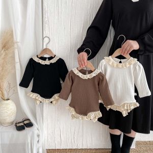 Autumn and Winter Baby Korean Style Lace Round Neck Hollow Pit Strip Long-Sleeved Boomsuit Baby Girls Hem Lace Boomsuit