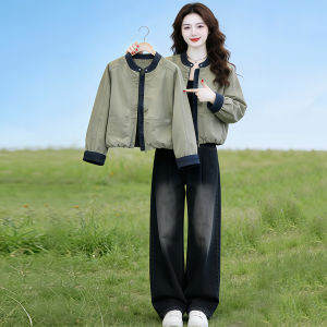 Shalldoer | Jeans Patchwork Short Casual Loose Stand Collar Baseball Jacket