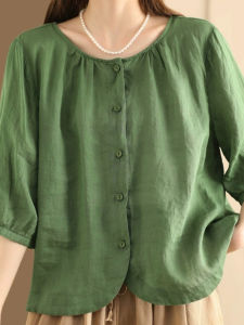 เสื้อเชิ้ตคอตตอนลินินสีพื้นแขนกุดทรงหลวมสำหรับผู้หญิงไซส์ใหญ่ ทรงเข้ารูป สำหรับใส่ไปทำงาน ฤดูร้อน 2025