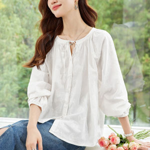 Spring 2025 Womens Pure Cotton Long Sleeve Shirt V-Neck Knot Fashionable Youthful Korean Style Loose Fit Warmth Comfortable