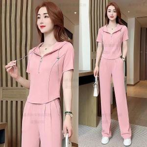 Casual Sport Two Piece Suit Women Short Sleeve Korean Style New Version Foreign Flavour Temperament age reduction Wide Leg Pants Fashion Showing Slim Ladies Sets Trendy