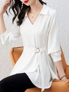 Áo Sơ Mi Voan Trắng Nữ Thu Đông Mới Cạp Cao Che Bụng Thời Trang Tay Dài Áo Sơ Mi Dài Vừa Phải Dáng Rộng