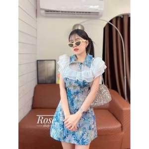 PM01 🦋🦋🦋 เดรสทอฟ้า เดรสผ้าทอสอบ แต่งชีฟรอง แขนจั้มพองขายดีเข้าเพิ่มแล้วค่ะสั่งได้เลย