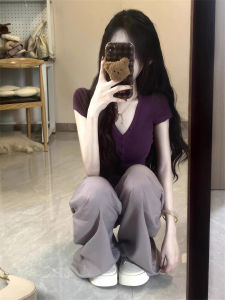 Áo Thun Nữ Tay Ngắn Cổ Chữ V Màu Tím Ngọt Ngào Cay Nồng Mùa Hè Dáng Ôm Vừa Vặn Thanh Lịch Ngắn Chất Liệu Cotton Phong Cách Hàn Quốc