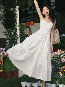 Summer White Strapless Dress Womens Beach Holiday Tea Break Small Size French Style Long Skirt Princess Style A-Line Skirt