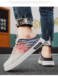 Mens Summer New Style Half Slippers Breathable Mesh Thin Casual Slip-On Low Top round Toe Flat Bottom PVC Outsole Comfortable