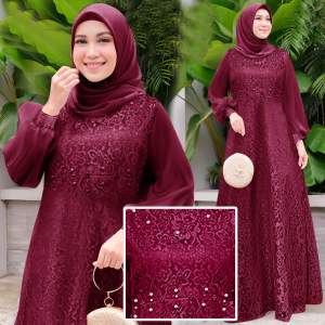 Bisa COD Gamis Nadine M-2XL/Gamis Brukat kombinasi mutiara/Maxi pesta kondangan /dress pagar ayu
