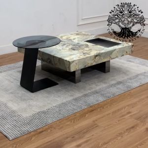 Bàn trà sofa bàn phòng khách bàn cafe nội thất nhập khẩu mẫu bàn chân thép inox mặt hình vuông 1m cao cấp đá Ceramic