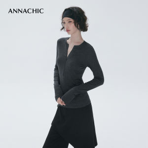 ANNACHIC | Áo Thun Cổ V Zip Len Thể Thao Thời Trang