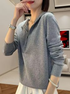 เสื้อยืดแขนยาวสีบริสุทธิ์ เสื้อฮู้ด ลำลอง หลวม ฤดูใบไม้ร่วง สไตล์ใหม่ครึ่ง ซิป เสื้อฐานเหนือศีรษะ ผู้หญิง เสื้อท่อนบน