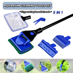LoviRa 5 In 1 Fish Tank Cleaning Kit Algae Scraper Fish Net Sponge Plant Fork Gravel Rake