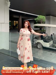 GLEC | Elegant French Vintage Print V-Neck Dress Large Size