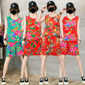 Northeast Large Flower Vest Ethnic Style Sleeveless Set Artificial Cotton Short Sleeve Shorts Sleepwear Two-Piece Set Popular Performance Clothes