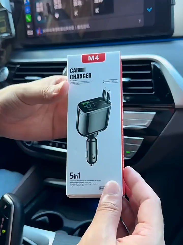 Car Charger Adapter Fast Charging Dual USB 12V-24V With Retractable Cable Multi-Port 1USB+3PD+1IPL Real-time Voltage Monitoring