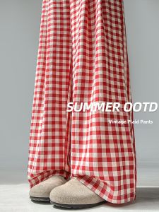 YIFANSHI | Red Checkered Slimming High Waist Wide Leg Pants
