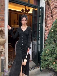 ZYHT EraVogue Đầm Váy nữ váy đen váy đuôi cá váy dài tay váy cổ chữ V váy dệt kim váy xã hội cao váy cổ điển váy sự kiện váy dự tiệc váy Pháp 40164