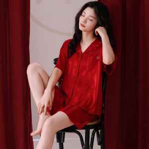 MiiOW | ชุดนอนผ้าไหมน้ำแข็ง MiiOW สำหรับผู้หญิงในฤดูร้อน แขนสั้น คอตั้ง เสื้อคลุมคาร์ดิแกนบาง ชุดนอนลำลอง ชุดนอนผ้าฝ้ายผสมโพลีเอสเตอร์