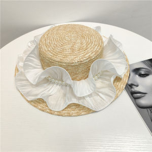 Original French Pearl Ogeen Large Ruffle Edge Flat Top Wheat Straw Hat Womens Fashion Show Street Snap Trend Matching Hats