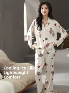 miiow | Cat Woman Ice Silk Sleepwear Summer Cool Feeling Outerwear Cute Cartoon Girls Home Clothes Set Sweet Cute Style Long Sleeve Pants