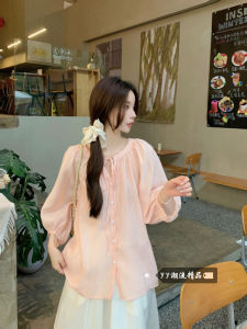 Sweet French Pleated Long Sleeve Womens Shirt Summer Sun Protection Ribbon Doll Loose Seven Sleeve Tops Pink Color