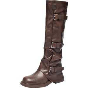 Agsdon | Brown Melanoid Stacked Short Knight Boots Thick Heel