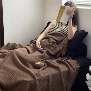 【14 Colors Available】New Blanket 100% Cotton Sofa Towel Tassels Blankets Breathable Solid Color Shawl Manta Plaid Blankets Four Layer Gauze Fringe Blanket Office Nap Blanket Cover