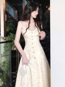 QFN | Slimming Egg Yellow Summer French Retro Palace Style Belted Sleeveless Dress