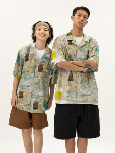 Vanidles Retro Cuban Collar Short Sleeve Shirt Mens Casual Printed Loose Fit Cotton T-Shirt Youth Fashion Summer Cool