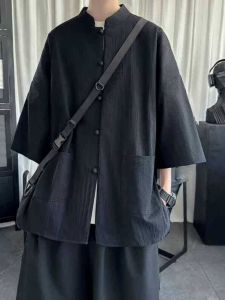 New Chinese Style Tang Suit Short Sleeve Shirt Mens and Womens Loose Cross-Examination Button Shirt Trendy Stand-up Collar 3/4 Sleeve Robe Shirt