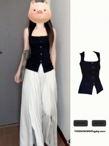 Black Square Collar Ice Silk Knitted Strap Vest Women Summer Outerwear Elegant Slimming Sleeveless Top Stylish Commute Style