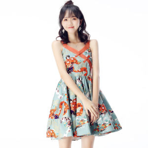 Retro Floral Print Halter Dress Sweet Style Button Short Skirt Cotton Material V-Neck A-Line Summer New Arrival Womens Dress