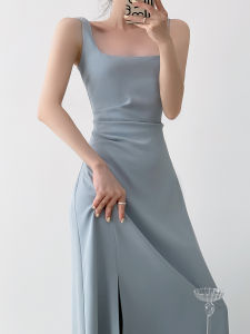 Slim High-class Slit Square-neck Sleeveless Formal Dress