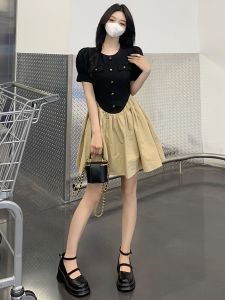 พลัสไซส์ กระดุมเดี่ยวฝรั่งเศสสีตัดกัน สลิมฟิต เดรส ผู้หญิง ฤดูร้อน แขนฟองใหม่ พลีท เอว กระโปรงทรงเอ