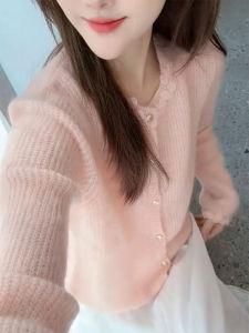 QINGNAER | Plus Size Womens Sweater  Feminine Sweet Pale Pink Lace Hollow Out Long Sleeve