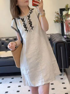Shalldoer | Summer New Plus Size Floral Print Dress Womens Loose Fit White Vacation Style Casual H-Line Short Sleeve Round Neck A-Line Skirt