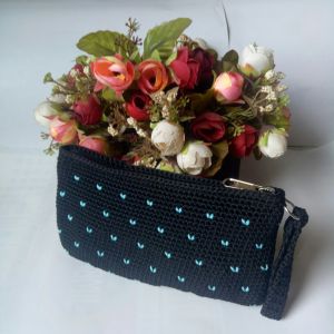 Dompet rajut hitam motif love  20 cm x 11cm