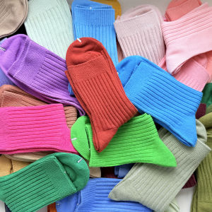 1 Pair Womens Candy Colors Autumn Winter High Quality Striped Mid-Calf Cotton Breathable Solid Color Crew Socks