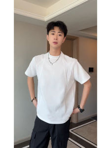 White Boxy Short Sleeve Mens T-shirt Shoulder Pads Summer Deconstructed Ribbing Patchwork Cleanfit Pad Shoulder Tee