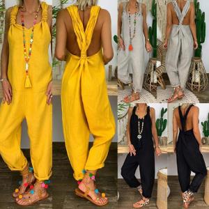 Street Style Sleeveless Backless Knotted Overall Jumpsuit Womens Long Pants Middle Waist Design Casual Comfortable Suit